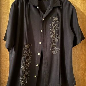 Caribbean Black Casual Button Down Shirt with Ornate Embroidery